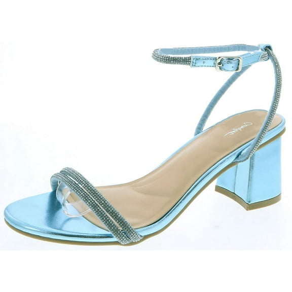 Top Moda Shoes Women Block Short Heels Open Toe Ankle Strap Bling Rhinestone CITY-1 Turquoise Blue Metallic 7
