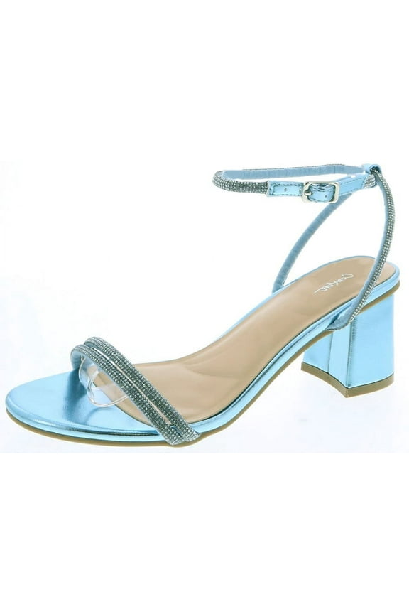 Shoes Women Block Short Heels Open Toe Ankle Strap Bling Rhinestone CITY-1 Turquoise Blue Metallic 7