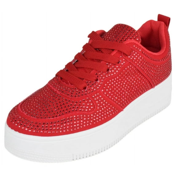 Top Moda Shoes Women Fashion Platform Sneakers Crystals Rhinestone Bling Lace Up BOSTON-1 Red 6