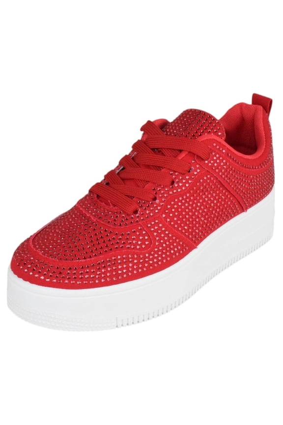 Shoes Women Fashion Platform Sneakers Crystals Rhinestone Bling Lace Up BOSTON-1 Red 6