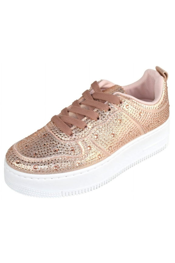 Shoes Women Fashion Platform Sneakers Crystals Rhinestone Bling Lace Up BOSTON-8 Rose Gold 6
