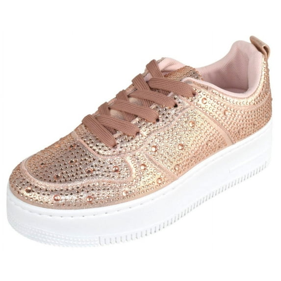 Top Moda Shoes Women Fashion Platform Sneakers Crystals Rhinestone Bling Lace Up BOSTON-8 Rose Gold 7.5