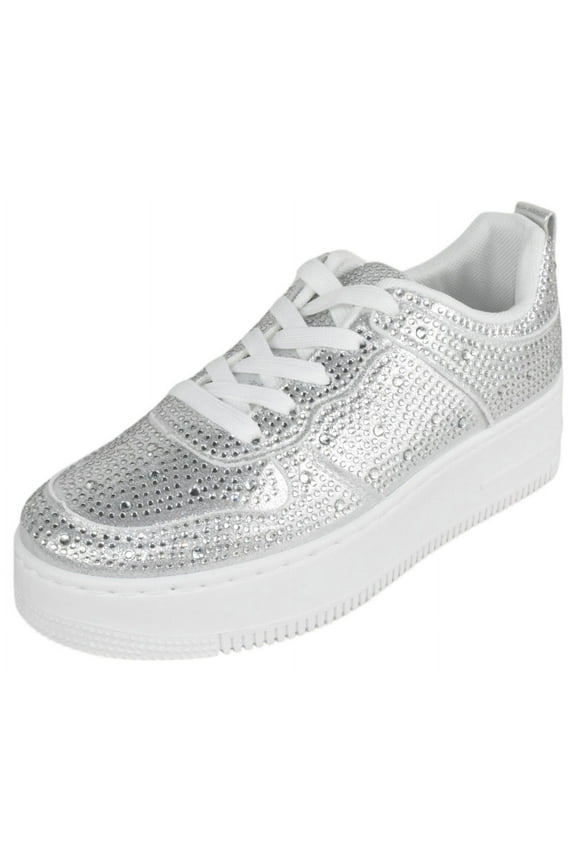 Shoes Women Fashion Platform Sneakers Crystals Rhinestone Bling Lace Up BOSTON-8 Silver 8