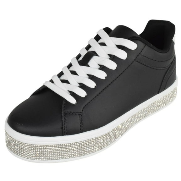 Top Moda Shoes Women Flat Fashion Platform Sneakers Crystals Rhinestone Bling Lace Up AERIE-1 Black 7.5