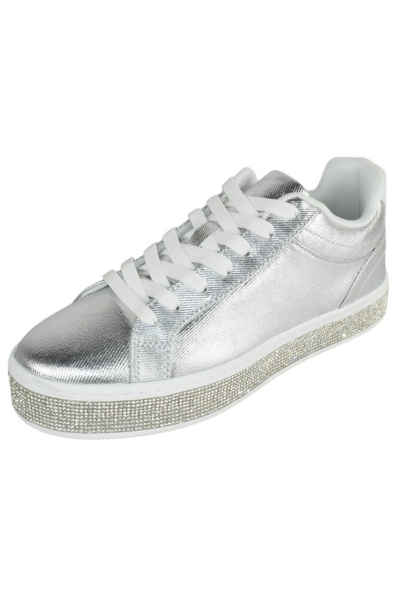 Shoes Women Flat Fashion Platform Sneakers Crystals Rhinestone Bling Lace Up AERIE-1 Metallic Silver 8.5