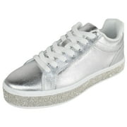 Top Moda Shoes Women Flat Fashion Platform Sneakers Crystals Rhinestone Bling Lace Up AERIE-1 Metallic Silver 8.5