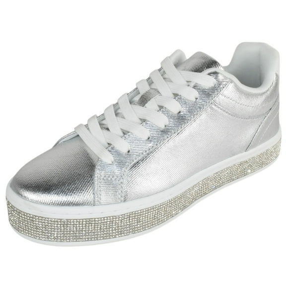 Top Moda Shoes Women Flat Fashion Platform Sneakers Crystals Rhinestone Bling Lace Up AERIE-1 Metallic Silver 8