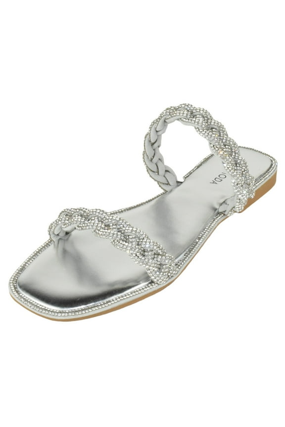 Shoes Women Flip Flops Sandals Double Strap Slide Bling Rhinestone Crystals Formal LIZ-9 Silver Metallic 9