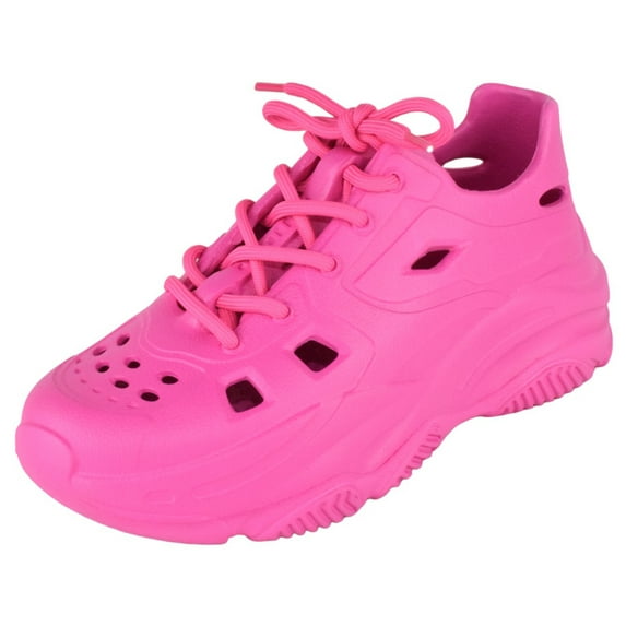 Top Moda Shoes Women Foam Beach Sneakers Cut-out Ventilation Openings Cushioned Arch Support Lace Up Lightweight Hidden Platform Heel TAVO-1 Hot Pink Fuchsia 9