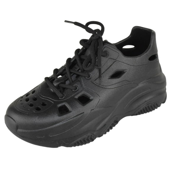 Top Moda Shoes Women Foam Beach Sneakers Cut-out Ventilation Openings Cushioned Arch Support Lace Up Lightweight Hidden Platform Heel TAVO-1 Black 11