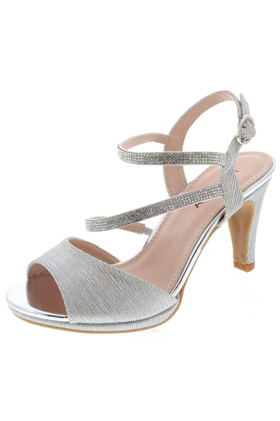 Shoes Women Stiletto Heels Open Peep Toe Ankle Strap Bling Rhinestone Glitter PAMELA-1 Silver 7