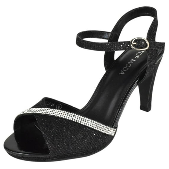 Top Moda Shoes Women Stiletto Heels Open Peep Toe Ankle Strap Bling Rhinestone Glitter PAMELA-28 Black 6.5