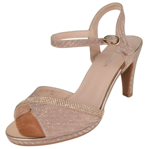 Top Moda Shoes Women Stiletto Heels Open Peep Toe Ankle Strap Bling Rhinestone Glitter PAMELA-28 Rose Gold 5.5