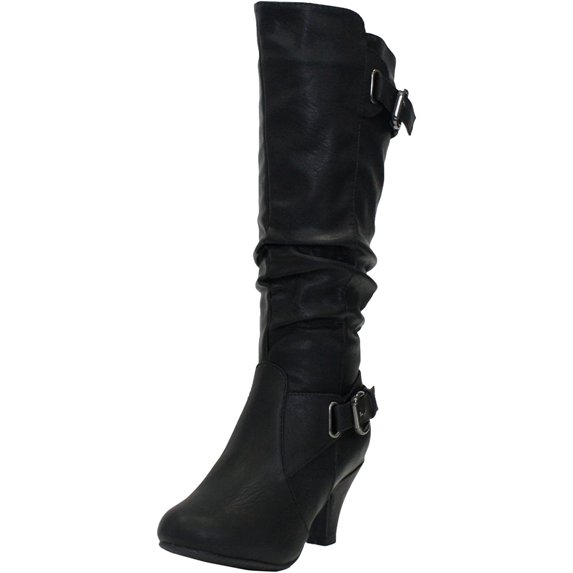 Top Moda Win-45 Women's Metallic Buckle Knee High Round Toe Studded Slouched Boots BLACK 7.5