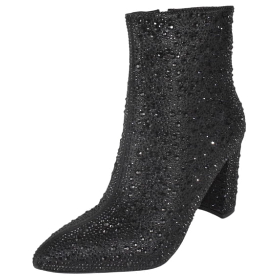 Top Moda Women Ankle Boots Block High Heels Rhinestone Bling Glitter Short Booties Side Zipper Pointed-Toe BRAZIL-8 Black 5