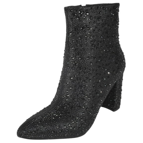 Top Moda Women Ankle Boots Block High Heels Rhinestone Bling Glitter Short Booties Side Zipper Pointed-Toe BRAZIL-8 Black 6.5