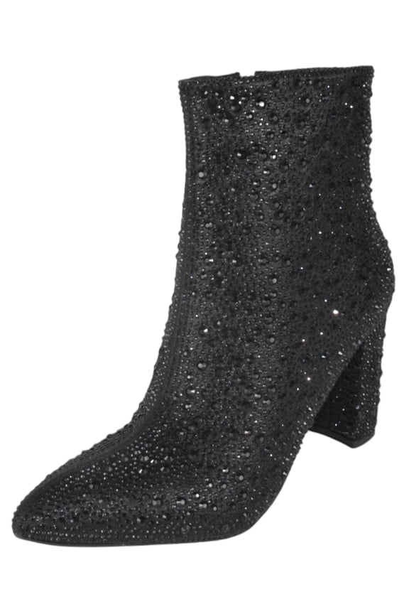 Women Ankle Boots Block High Heels Rhinestone Bling Glitter Short Booties Side Zipper Pointed-Toe BRAZIL-8 Black 6.5