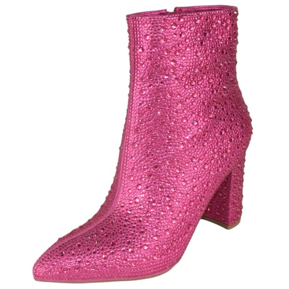 Top Moda Women Ankle Boots Block High Heels Rhinestone Bling Glitter Short Booties Side Zipper Pointed-Toe BRAZIL-8 Hot Pink Fuchsia 10
