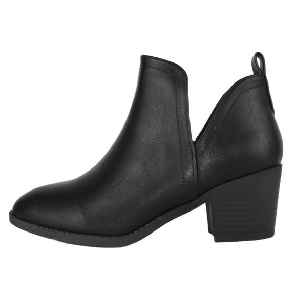 Top Moda Women Ankle Boots Slip-on Booties V Cut Sides Almond Toe Medium Stack Heel ZANDRA-7 Black PU 10