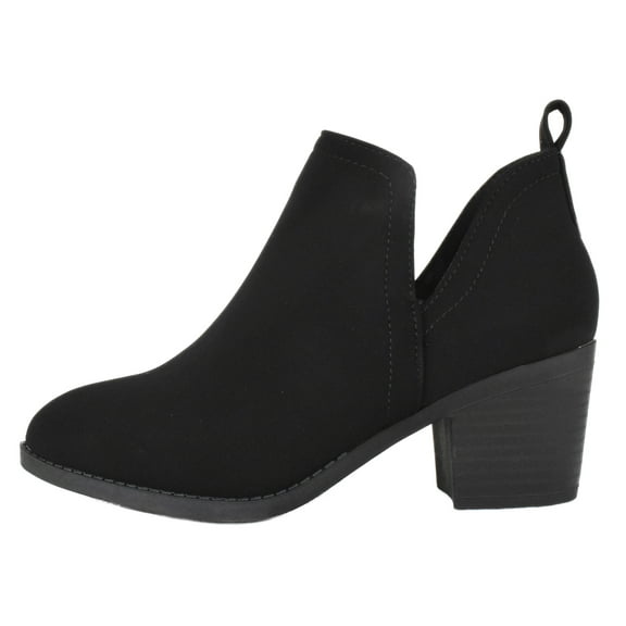 Top Moda Women Ankle Boots Slip-on Booties V Cut Sides Almond Toe Medium Stack Heel ZANDRA-7 Black Suede Nubuck 5