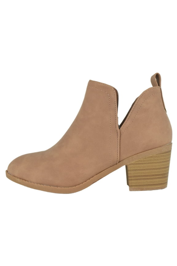 Women Ankle Boots Slip-on Booties V Cut Sides Almond Toe Medium Stack Heel ZANDRA-7 Light Brown Tan Suede Nubuck 9