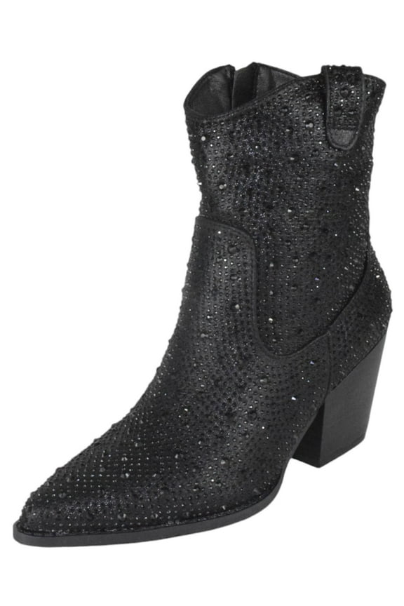Women Ankle Cowboy Western Boots Block High Heels Rhinestone Bling Glitter Short Booties Side Zipper Pointed-Toe NAPLES-1 Black 6