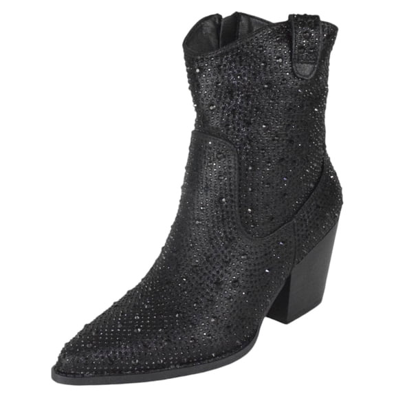 Top Moda Women Ankle Cowboy Western Boots Block High Heels Rhinestone Bling Glitter Short Booties Side Zipper Pointed-Toe NAPLES-1 Black 7