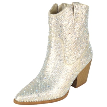 Top Moda Women Ankle Boots Block High Heels Rhinestone Bling Glitter Short Booties Side Zipper Pointed-Toe BRAZIL-8 Hot Pink Fuchsia 6