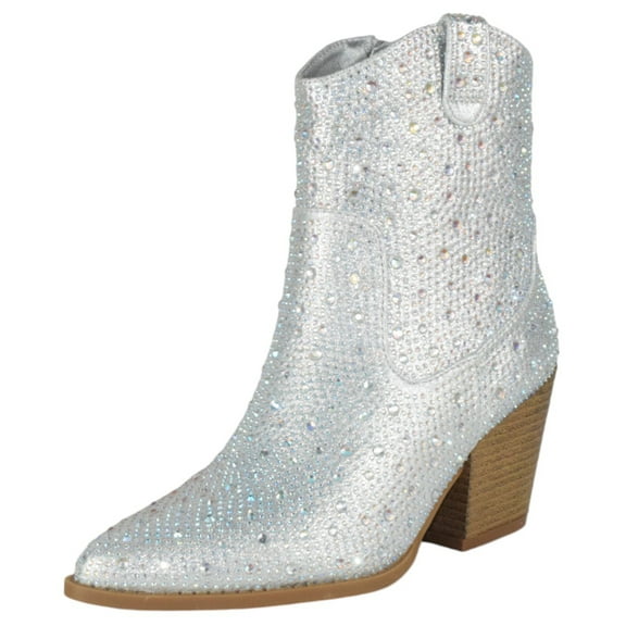 Top Moda Women Ankle Cowboy Western Boots Block High Heels Rhinestone Bling Glitter Short Booties Side Zipper Pointed-Toe NAPLES-1 Silver 6.5
