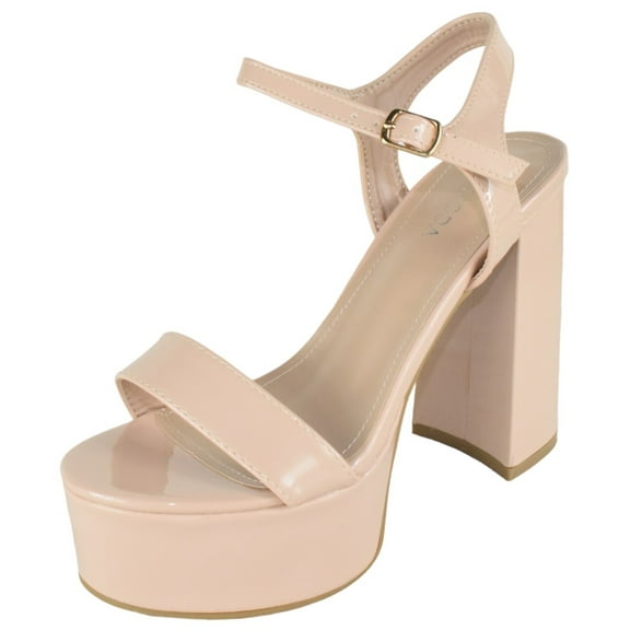 Top Moda Women Block Chunky Thick High Heels Sandals Open Toe Platform Ankle Strap Strappy JASMINE-1 Beige Nude Skin Patent 6.5