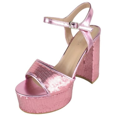 Top Moda Women Block Chunky Thick High Heels Sandals Open Toe Platform Ankle Strap Strappy JASMINE-38 Sparkly Pink Metallic 6.5