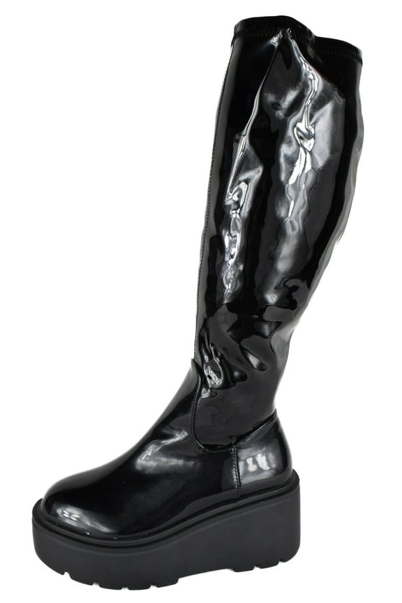 Women Chunky Block Knee High Boots High Heel Wedge Platform Side Zipper JAZZ-8 Black Patent 7.5