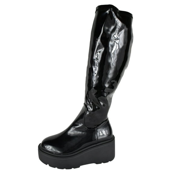 Top Moda Women Chunky Block Knee High Boots High Heel Wedge Platform Side Zipper JAZZ-8 Black Patent 7