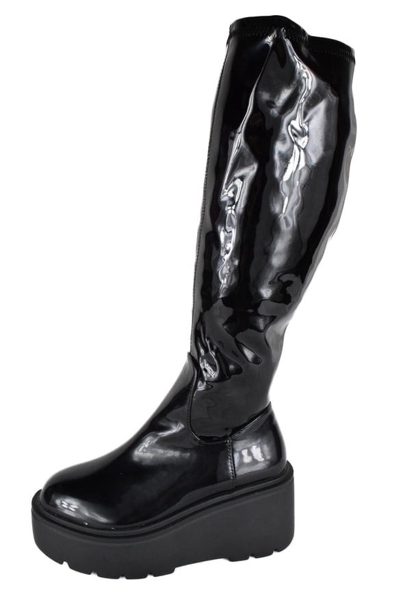 Women Chunky Block Knee High Boots High Heel Wedge Platform Side Zipper JAZZ-8 Black Patent 8