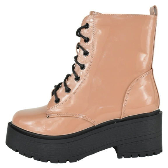 Top Moda Women Combat Army Style Boots Lace Up Side Zipper Lug Platform Sole Booties TOON-22 Beige Rose Pink Camel Patent 5.5