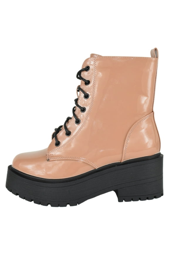 Women Combat Army Style Boots Lace Up Side Zipper Lug Platform Sole Booties TOON-22 Beige Rose Pink Camel Patent 6.5