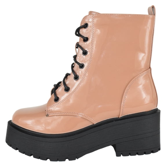Top Moda Women Combat Army Style Boots Lace Up Side Zipper Lug Platform Sole Booties TOON-22 Beige Rose Pink Camel Patent 6