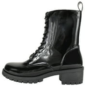 Top Moda Women Combat Army Style Boots Lace Up Side Zipper Lug Sole Booties Black Patent 7