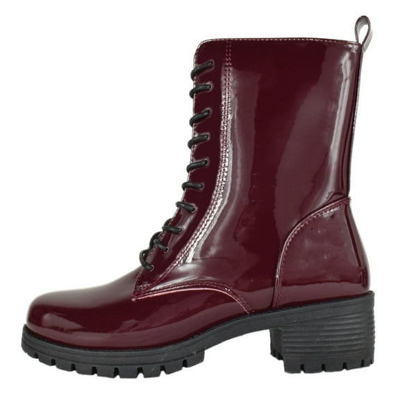 Top Moda Women Combat Army Style Boots Lace Up Side Zipper Lug Sole Booties Red Burgundy Wine Patent 10