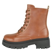 Top Moda Women Combat Army Style Boots Lace Up Side Zipper Lug Sole Platform Booties Light Brown Tan PU 7.5