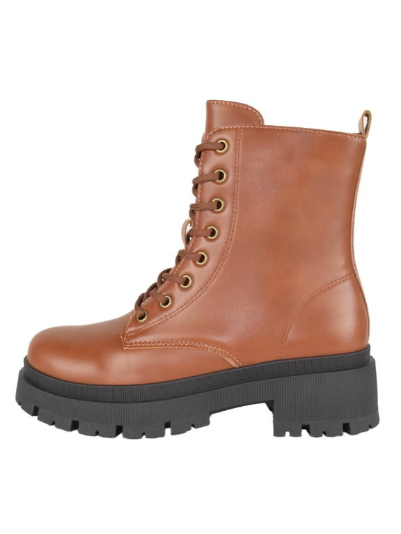 Women Combat Army Style Boots Lace Up Side Zipper Lug Sole Platform Booties Light Brown Tan PU 7