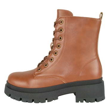 Top Moda Women Combat Army Style Boots Lace Up Side Zipper Lug Sole Platform Booties Light Brown Tan PU 8.5