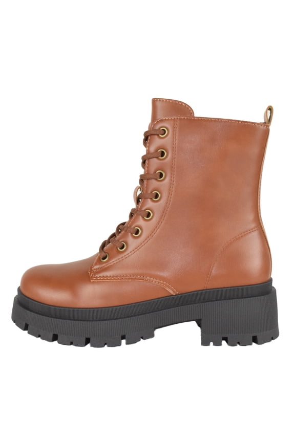 Women Combat Army Style Boots Lace Up Side Zipper Lug Sole Platform Booties Light Brown Tan PU 8