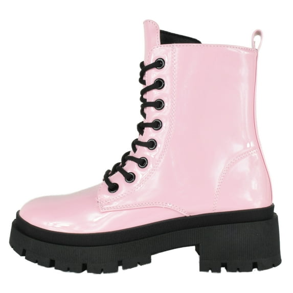 Top Moda Women Combat Army Style Boots Lace Up Side Zipper Lug Sole Platform Booties Light Pink Patent 6