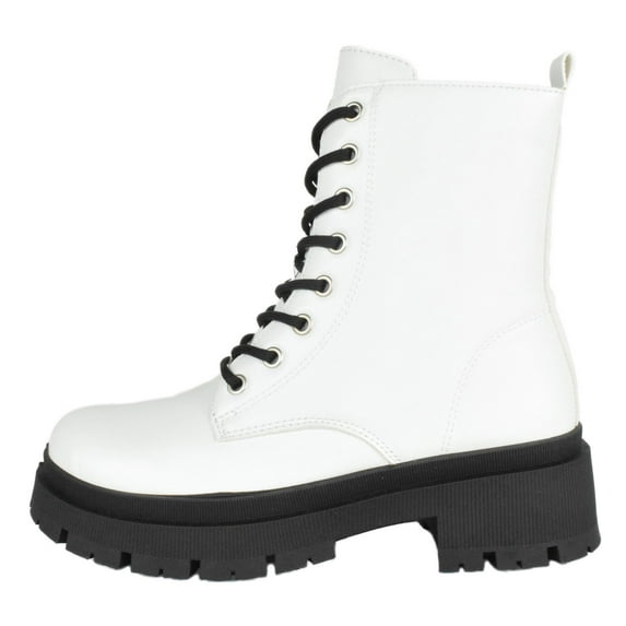 Top Moda Women Combat Army Style Boots Lace Up Side Zipper Lug Sole Platform Booties White PU 10
