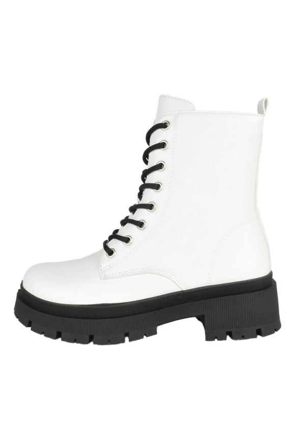 Women Combat Army Style Boots Lace Up Side Zipper Lug Sole Platform Booties White PU 10