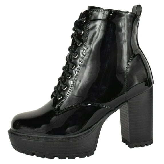 Top Moda Women High Heel Combat Army Style Boots Lace Up Side Zipper Lug Platform Sole Booties Black Patent 10