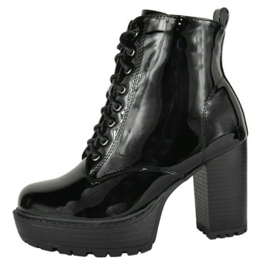 Top Moda Women High Heel Combat Army Style Boots Lace Up Side Zipper Lug Platform Sole Booties Black Patent 8.5