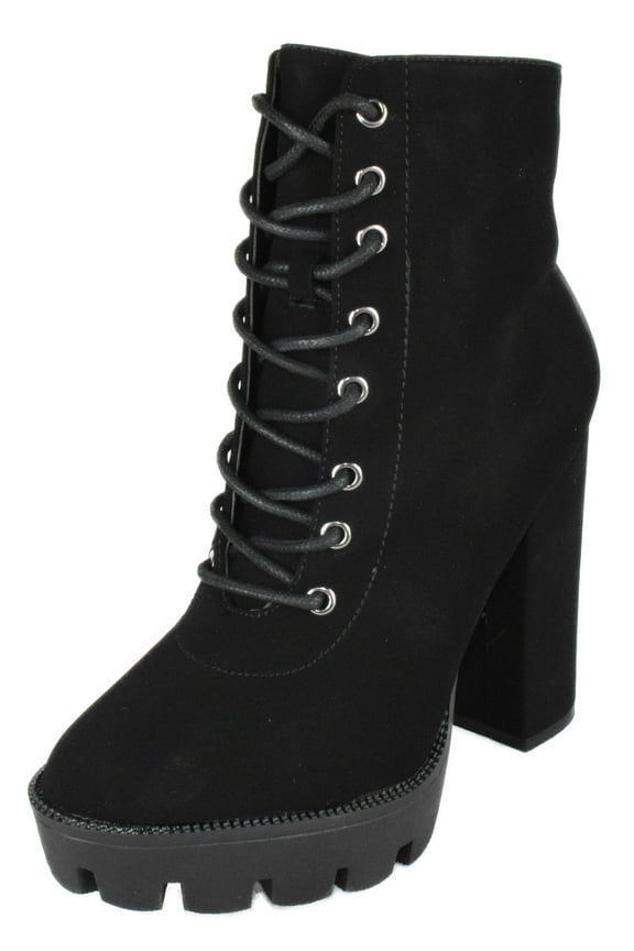 Women High Heel Combat Army Style Boots Lace Up Side Zipper Lug Platform Sole Booties DALE-6 Black Nubuck Suede 6.5