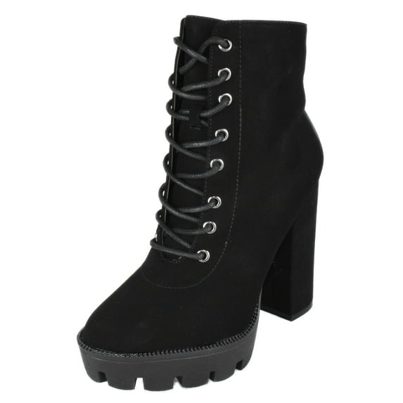 Top Moda Women High Heel Combat Army Style Boots Lace Up Side Zipper Lug Platform Sole Booties DALE-6 Black Nubuck Suede 6.5